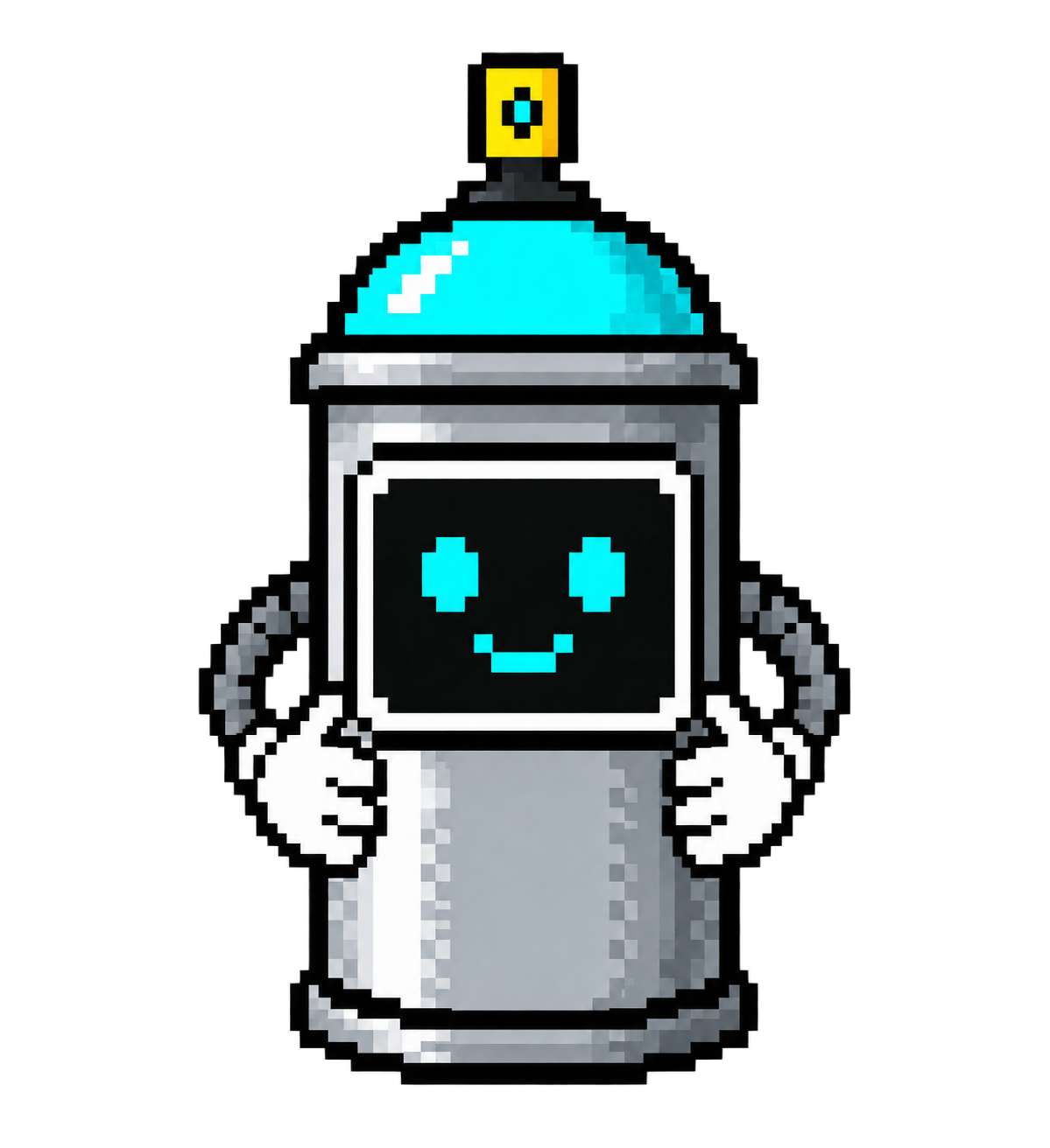 Pixel-Art-Sprühdose mit nach innen greifenden Armen und freundlichem Bildschirmgesicht